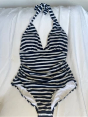 Gap one piece Navy Blue white stripe halter lined swimsuit Swim Large NWT S25 - Image 1 of 4