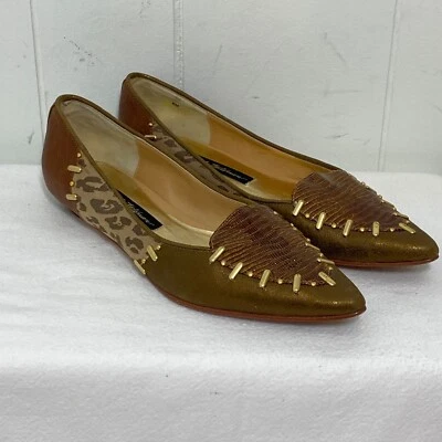 Zapato Beverly Feldman Plano Para Mujer 6M Cuero Marrón Metálico Dorado Cuentas Metálicas Foto 1 de 4
