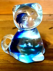 Vintage Hand Blown Glass Cat Paperweight Figurine Blue Clear 3.25" × 3" - Picture 1 of 6