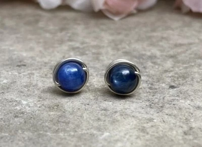 Sterling Silver Kyanite Stud Earrings, Blue Gemstone Post Earrings - Image 1 of 4