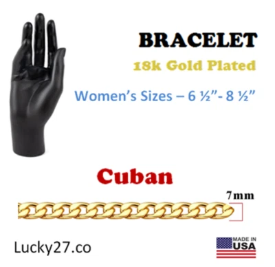 18k Gold Plated Stainless Steel Women  ChBracelet - 7mm CUBAN LINK  6 1/2-8 1/2" - Image 1 of 4