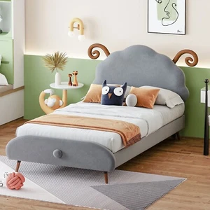 Twin Size Upholstered Platform Bed with Sheep-Shaped Headboard, Gray - Picture 1 of 12