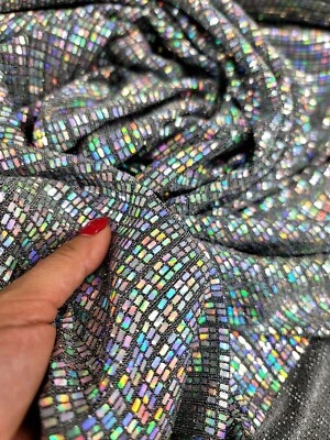 Iridescent Hologram Silver Rectangle Sequins on Spandex Mermaid Stretch Fabric - Image 1 of 4