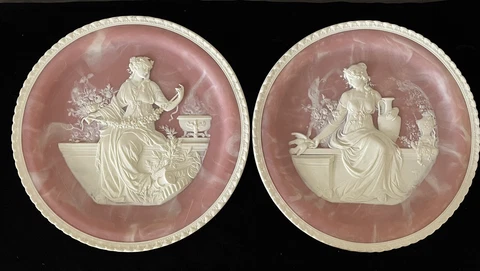 Rare 2 Vintage Incolay Stone Coralay Classics Pink Wall Plaques 12.5" Excellent Cover