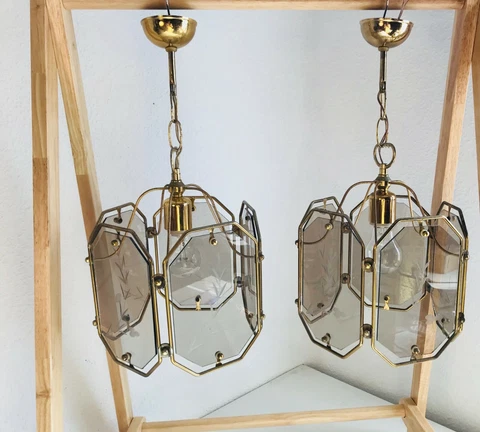 18.5" PAIR Vintage BRASS Porch Lantern Light 5 Panel Leaf Motif Etched Glass Cover