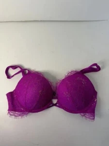 Victorias Secret 32A Bombshell hot magenta pink gold lace bra push-up - Picture 1 of 3