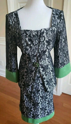 Traje Falda Nubiano New York Mujer 2 Piezas Único Encaje Negro Blanco Verde Satinado Talla 8 Foto 1 de 4