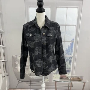 Ruby Rd Wonen’s Size 10 Denim Jean Jacket Embroidered Floral Button Front Black - Picture 1 of 7