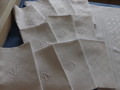 12 serviettes de table, mono T D, en pur fil de lin, anciennes - Photo 1/4