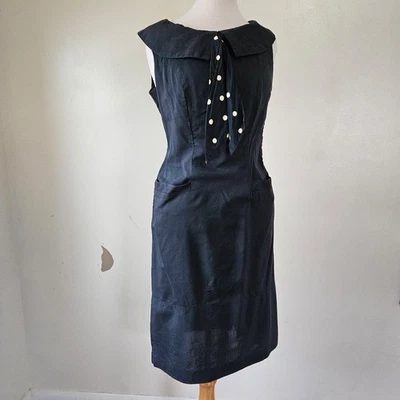 Vintage 60s Joan Mad Men Navy Vlue White Polka Dot Sheath Day Dress S/M - Image 1 of 4