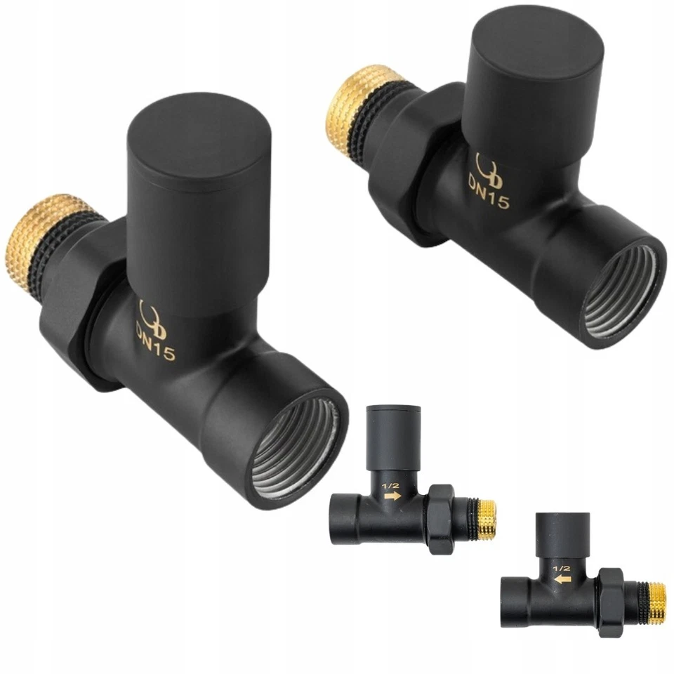 DIAMOND Heizkörperventil Set 1/2" gerade schwarz Durchgang Rücklauf Komplett