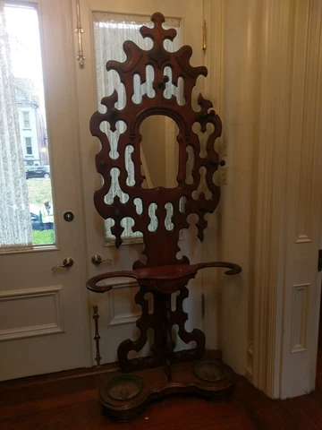 Antique Victorian Walnut  Coat / Umbrella Stand with 2 Iron Drip Pans Cover