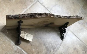 Hand Crafted 17" Live Edge Poplar Wood Wall Shelf, Rustic Cast Iron ORB Brackets - Picture 1 of 13