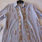 Blue Striped Beaded Embroidered Shirt Top L Long Sleeve Embellished Zara Woman