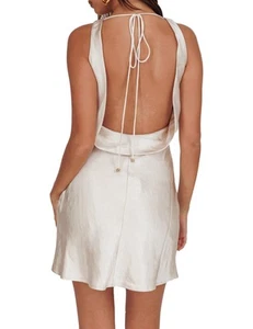 Summer Women Satin Backless Cowl Neck Mini Dress Silk Sleeveless Sexy Short C... - Picture 1 of 5