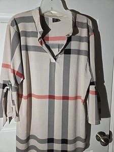 Plaid Beige Tunic Split Sleeves V-Neck Pleated Back  Sz L/XL Workwear Casual - Picture 1 of 7