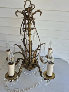 VINTAGE BRASS CHANDELIER WITH GLASS PRISMS WORKS GOOD - Picture 1 of 4