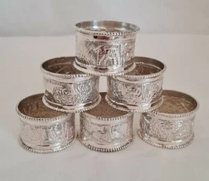 Vintage continental silver napkin rings. Repoussè decoration.Depicting Elephants - Picture 1 of 21