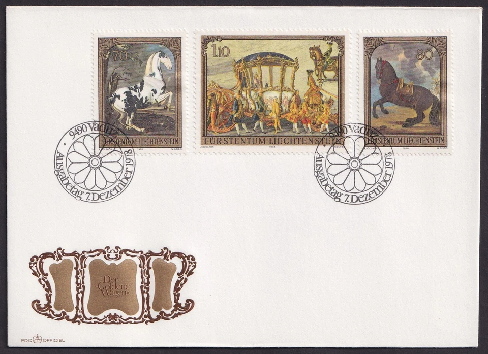 Liechtenstein 1978 (#717/9), pintura, caballos, FDC Foto 1 de 1