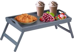 Bamboo Wooden Bed Tray Table With Folding Legs Serving Breakfast Food Lap Table - Picture 1 of 23