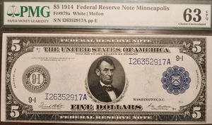 1914 $5 FEDERAL RESERVE NOTE MINNEAPOLIS FR.879a White Mellom PMG 63 EPQ - Picture 1 of 2
