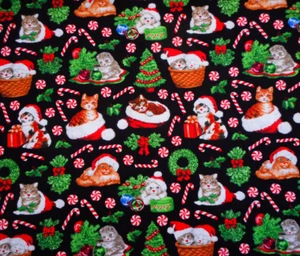 Robert Kaufman Stoff Meterware Kätzchen Weihnachten Kätzchen Katze auf schwarzer Baumwolle #23 - Bild 1 von 2