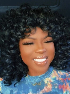 Perucas afro com franjas perucas curtas excêntricas encaracoladas para mulheres negras peruca onda solta - Imagem 1 de 4