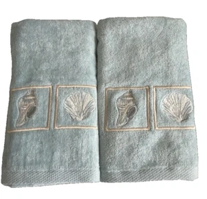 Shells Blue Embroidered Hand Towels Beach Summer Guest House Set of 2 Nautical - Picture 1 of 12