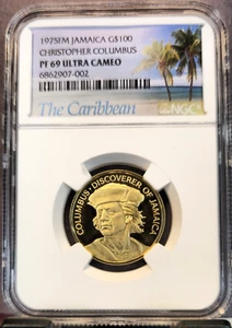 1975 JAMAICA GOLD 100 DOLLARS CHRISTOPHER COLUMBUS NGC PF 69 ULTRA CAMEO - Picture 1 of 3