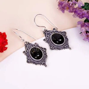 Copper Black Turquoise Gemstone 925 Sterling Silver Earring, Drop Dangle Earring - Picture 1 of 4