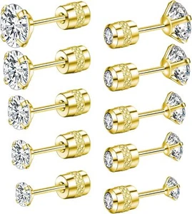 Titanium Earrings for Sensitive Ears | Flat Back Stud Set | CZ Silver Gold Black - Picture 1 of 6