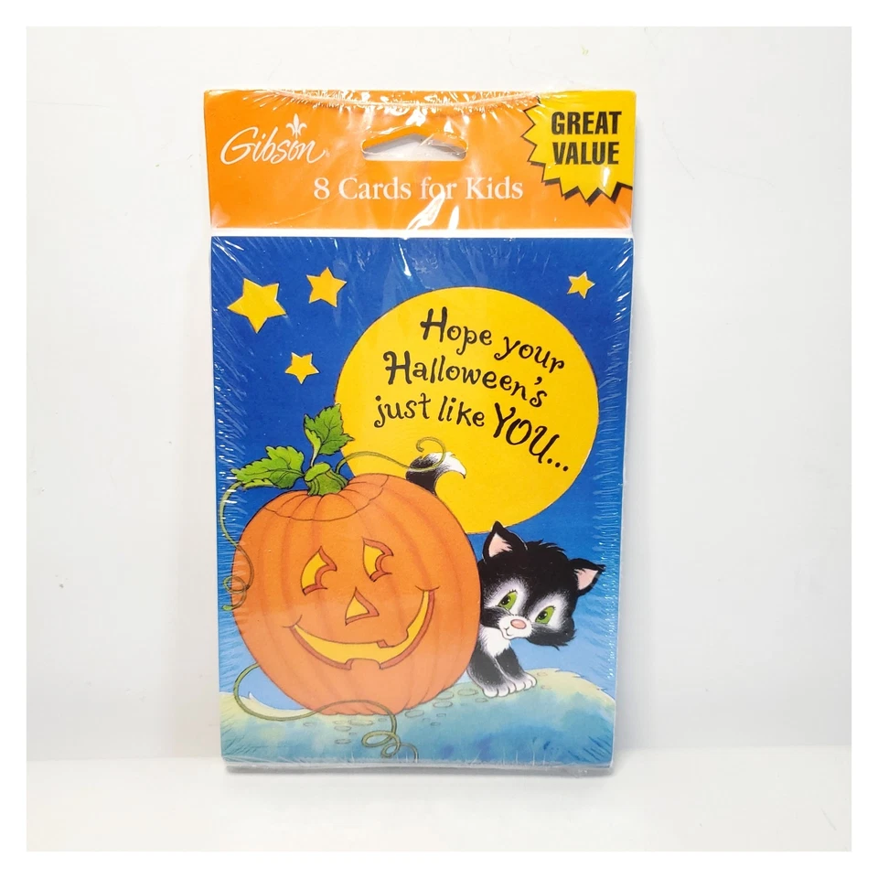Vintage Gibson Greetings Black Cat Pumpkin Halloween 8 Cards & Envelopes Vtg - Image 1 of 3