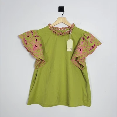 Blusa Top JODIFL Para Mujer Verde Bordada Manga Acampanada Cuello Simulado Talla Mediana Foto 1 de 4