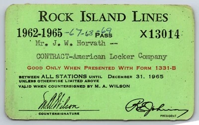 Rock Island Lines 1965-66-67-68-69 Yearly Train Pass #13014 - Image 1 of 2