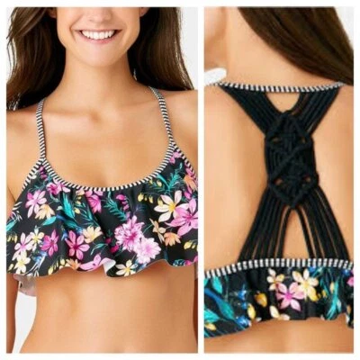 California Waves Burgandy Wildflower Flounce Top Black M Medium NWT - Image 1 of 3