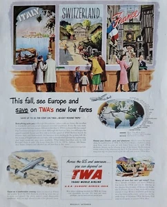 Anuncio de aviación TWA Trans World Airline 1949, carteles de viaje de Europa - Imagen 1 de 1