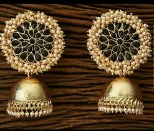 Bollywood Pearl Kundan Black jhumkas Earrings Women Bridal Wedding Jewelry