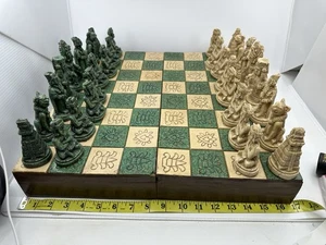 Vintage Mayan/Aztec Mexican Carved Resin Chess Set w/ Wooden Board Case - Picture 1 of 10