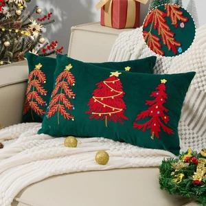 Velvet Embroidery Christmas Pillow Cover 12x20 Set of 2, Green Lumbar Pillow ... - Picture 1 of 6