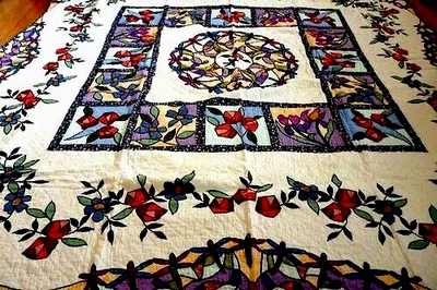 Handmade Appliqued / Embroidery Cotton Quilt  91"  x   86" - Image 1 of 4