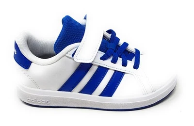 Adidas Grand Court in pelle bianco e blu modello JQ8000 scarpa a strappo bambino - Immagine 1 di 4