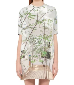 Akris House N Print Trees Tee T Shirt Dress Green Gray Courtyard Wood Chair 8 - Picture 1 of 16