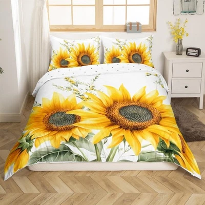 Sunflower Bedding Set Watercolor Botanical Branches Kids Comforter Cover Set ... - Image 1 of 4