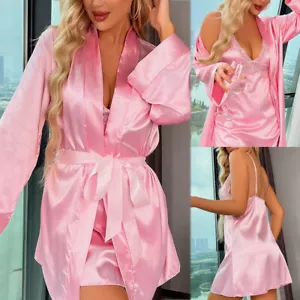 Women's Satin Pajama Set Silk Lingerie Sleepwear Nightgown Slip Dress with Robe - Picture 1 of 20