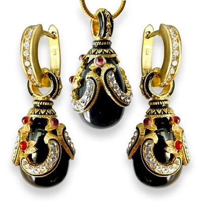 925 Silver Black Onyx Faberge Egg Jewelry Set Swarovski Crystals Genuine Garnet - Image 1 of 4