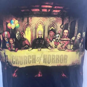 T-shirt Church of Horror grande nera CHUCKY PENNYWISE URLA Jason HalloweenTCM - Foto 1 di 14