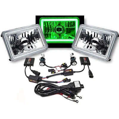 4X6" Green LED COB Halo Crystal Glass/Metal Headlight 6K HID Light Bulb Pair - Image 1 of 4