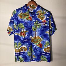 Mia's Men's Medium Blue Button Down Shirt Cayman Islands Floral Hawaiian Palm