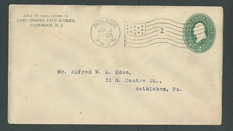 1897 Paterson NJ East Jersey Pipe Works W/Wavy Flag Cancel - Image 1 of 1