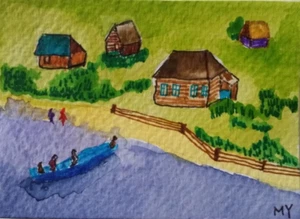 ACEO Original - Village by Lake - Watercolor 2.5 x 3.5 Signed - Picture 1 of 3